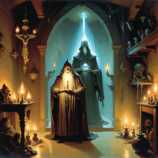 Prompt: A Norman Rockwell, Dungeons and Dragons influences, and Frank Frazetta style illustration of a wizard with a crystalline head and a tall, cloaked figure standing in a room with floating candles. The walls are adorned with strange, enchanted artifacts. The room is bathed in a soft, glowing light. The atmosphere is one of enchantment and intrigue, where anything seems possible.