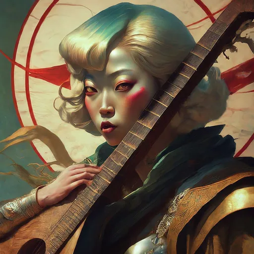Prompt: <mymodel>Frank Frazetta's artwork depicting a woman bard with opal eyes and blonde hair in a bob, playing on a lute, wearing light leather armour,a stunning Donato Giancola masterpiece in artstyle by Anders Zorn and Joseph Christian Leyendecker, art deco style, dramatic lighting with detailed shadows and highlights, volumetric drawing,colorful vibrant painting in HDR with shiny shimmering reflection