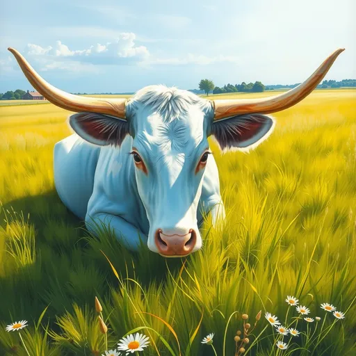 Prompt: A hyper-realistic, meticulously detailed watercolor painting of a light blue longhorn cow lying in a field. The cow has a white face and a few white spots on its body. The field has vibrant green grass and wildflowers. The background contains a few trees and a distant building. The sky is clear with a few clouds.