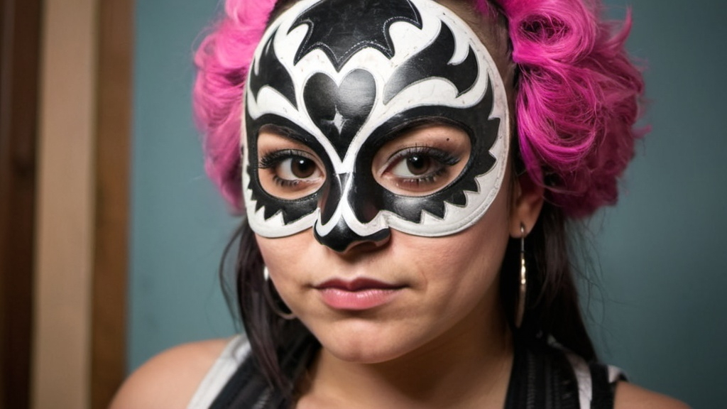 Prompt: A portrait of a beautiful Lovepunk luchador girl