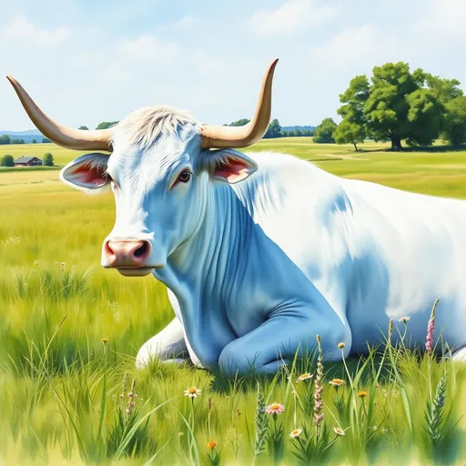 Prompt: A hyper-realistic, meticulously detailed watercolor painting of a light blue longhorn cow lying in a field. The cow has a white face and a few white spots on its body. The field has vibrant green grass and wildflowers. The background contains a few trees and a distant building. The sky is clear with a few clouds.