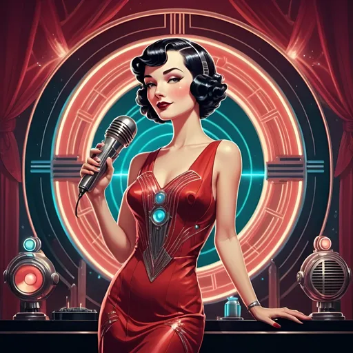 Prompt: A captivating vintage-inspired poster depicting a female robot lounge singer in a 1920s-style red dress, performing in a retro-futuristic art deco lounge. The singer is captivating the audience with her sultry performance, holding a vintage microphone with a slight smile. The lounge is adorned with intricate art deco patterns and features futuristic elements, such as holographic screens and glowing neon lights. The overall atmosphere is vibrant, with a sense of glamour and nostalgia., vibrant, poster, cinematic