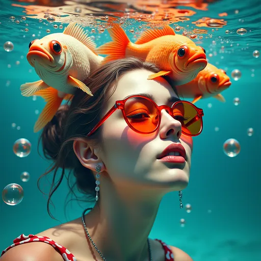 Prompt: (woman with fish on her head, glasses on her face), (bubbles in the water), inspired by Daniel Merriam, (pop surrealism), highly detailed digital painting, (vibrant colors), dynamic cyberpunk art style, whimsical yet bold atmosphere, shimmering water reflections, intricate details in the fish and accessories, high-resolution 4K quality, playful composition with a surreal edge.