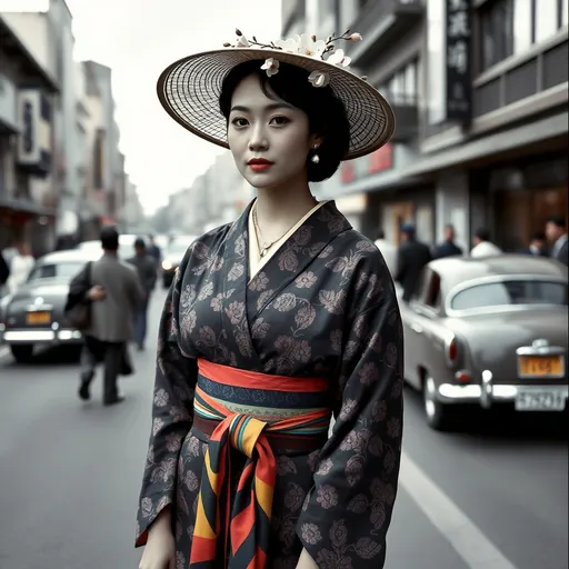 Prompt: A captivating black-and-white fashion photograph from the 1970s featuring a stylish Japanese woman in Tokyo. She wears a vibrant patterned kimono with a colorful obi tied around her waist, accessorized with traditional jewelry and a wide-brimmed hat adorned with plum blossoms. Her serene expression and poised posture reflect the elegance of Tokyo's historic district. The background reveals a bustling street with vintage cars and pedestrians, creating a nostalgic atmosphere., portrait photography, photo