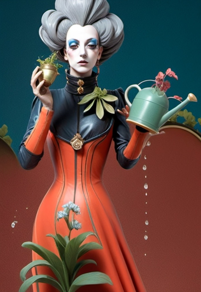 Prompt: créer une image d'un personnage théâtral qui dégage originalité dans ses costumes futuriste baroque avec uns posture intrigante, artistique et avant garde  en train d'arroser une plante avec un arrosoir dans un style Bob Wilson 

