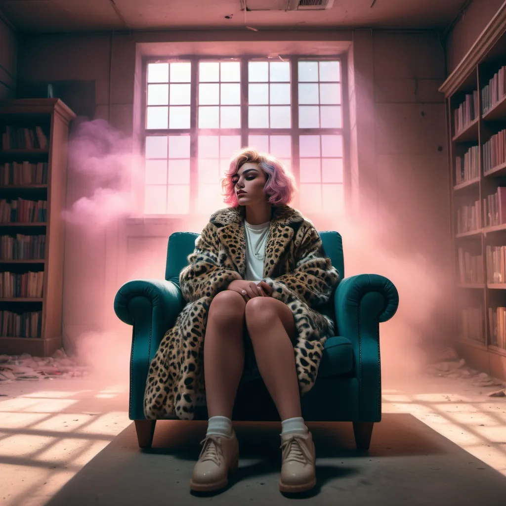 Prompt: crear una imagen de un travesti sentado en una sillon en una biblioteca abandonada en un subsuelo, con un tapado de piel de leopardo, en un estilo realista y vaporwave, la luz es tamizada y se puede ver el polvo que hay en el aire por la luz que entra de una ventada superior.