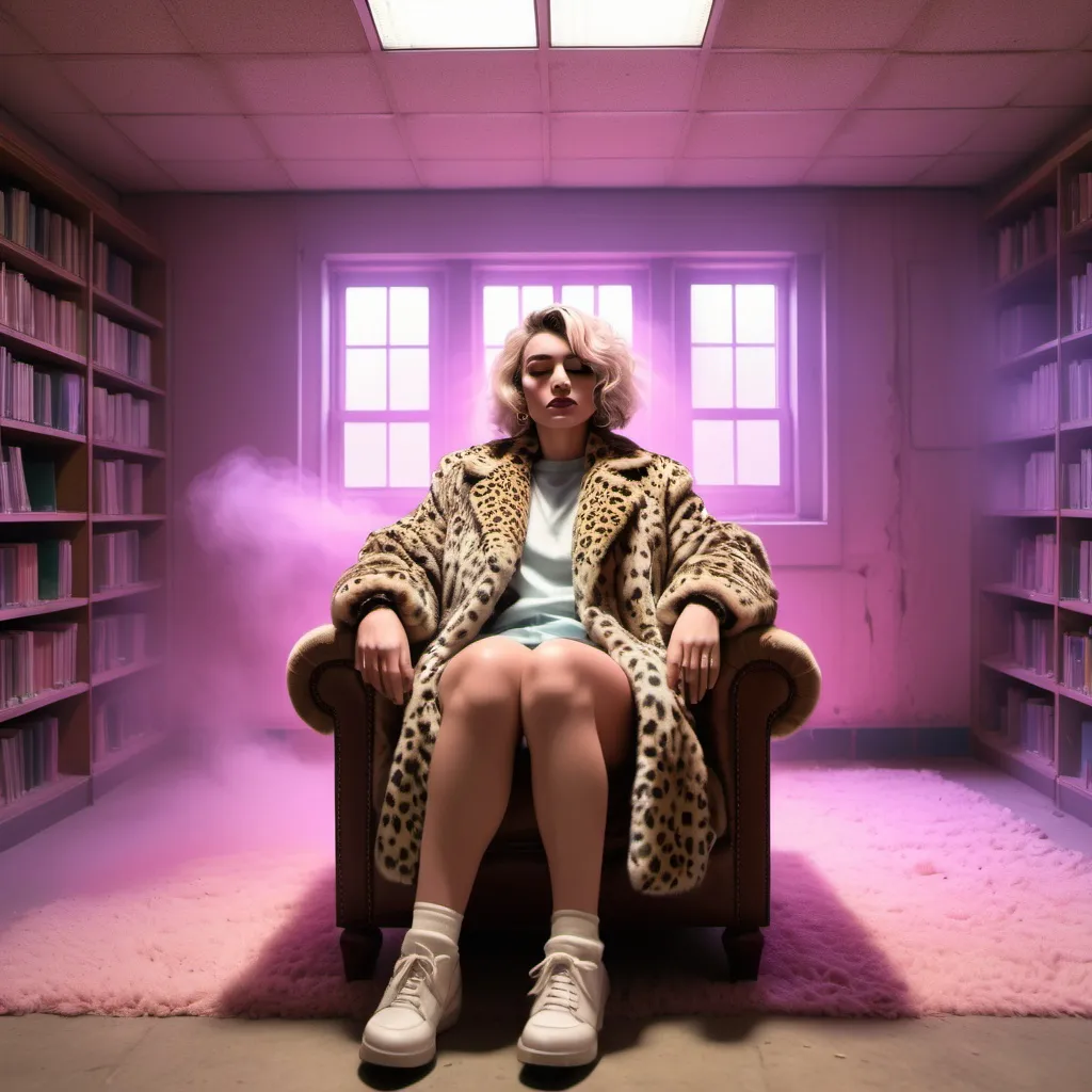 Prompt: crear una imagen de un travesti sentado en una sillon en una biblioteca abandonada en un subsuelo, con un tapado de piel de leopardo, en un estilo realista y vaporwave, la luz es tamizada y se puede ver el polvo que hay en el aire por la luz que entra de una ventada superior.
