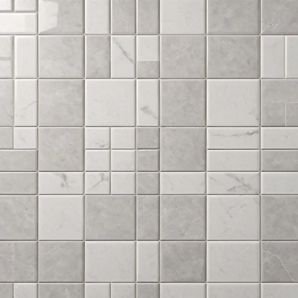 Prompt: Create a high-resolution tile bathroom texture. The tiles should be square, glossy ceramic with a subtle marble pattern. The colors should be a mix of light gray and white, giving a clean and modern look. The grout lines should be thin and light gray, blending seamlessly with the tiles. The texture should be suitable for use in a contemporary bathroom design.