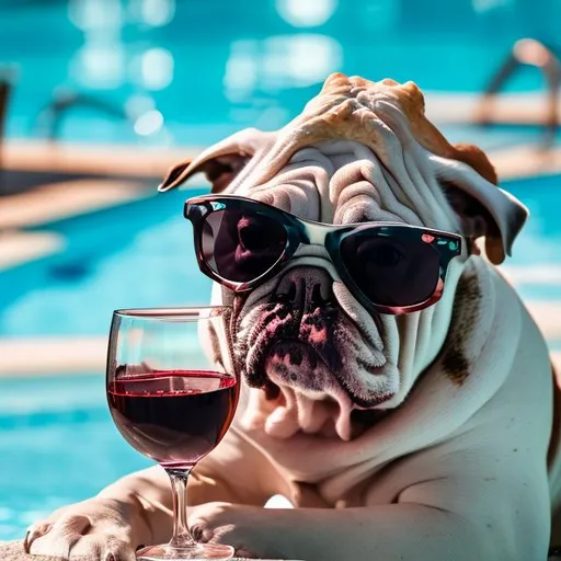Prompt: A rich bulldog wearing sunglasses while drinking wine next to a state of the art pool