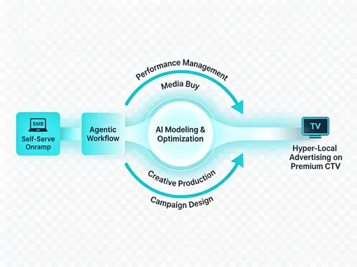 Prompt: OpenArt prompt
Recreate the attached “Solution” workflow diagram as a clean vector-style graphic with a completely transparent background (no background color at all). Match the original design, fonts, and colors as closely as possible, but place all elements on transparency.
From left to right: a horizontal glowing teal pipeline diagram representing the Adwave CTV workflow. On the far left, a rounded rectangle box labeled “Self-Serve Onramp” with a small “SMB” tag inside, in teal tones with white text. To its right, another rounded rectangle labeled “Agentic Workflow” in a slightly brighter teal, white text. These connect into a bright glowing circular core in the center labeled “AI Modeling & Optimization” in white text, with a strong cyan glow and a funnel-like horizontal light beam extending out to the right.
Around the central circle, draw two curved teal arrows forming a partial ring: the top arc labeled “Performance Management” with smaller “Media Buy” text along the path; the bottom arc labeled “Creative Production” with smaller “Campaign Design” text along the path. Use clean, modern sans-serif fonts similar to the reference.
On the far right, at the end of the glowing horizontal beam, place a small TV screen icon with the label “TV” inside, and next to it stacked white text: “Hyper-Local Advertising on Premium CTV”. Maintain the same teal and cyan color palette and glow effects from the reference image, but ensure the overall canvas background is fully transparent so this graphic can be placed on any slide background.