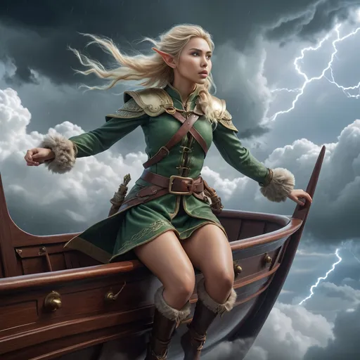 Prompt: (full body blond asian female elf adventurer on a flying ship in the clouds), medieval fantasy, high up in the sky, sleek ship, phloughing through the clouds, intense expression, storm and wind,  rough admosphere, pretty face, beautiful curves, fantasy setting, detailed background with fluffy storm clouds, lightning, dynamic and energetic pose, ultra-detailed, 4K, high quality, cinematic colors