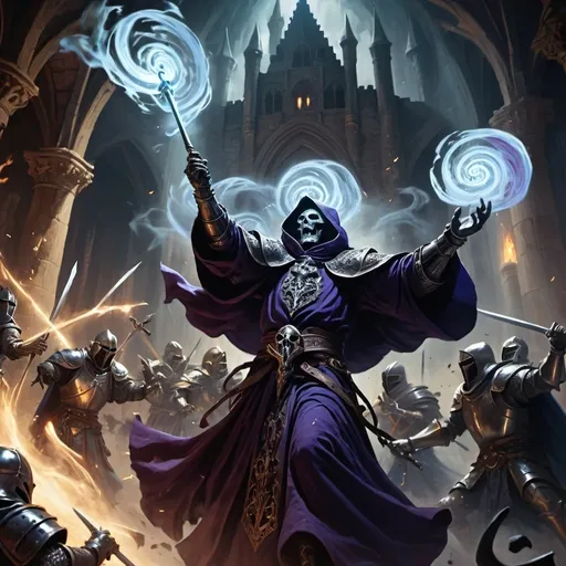 Prompt: skirmish  between Sinister DnD character Lich hovering in the air battling and some knights, robes, battle scene, worriors, knights, magical swirls,  intense aura, high contrast, fantasy, highres, detailed, sinister, magical, dark castle, battle, DnD, swirling magic, intense lighting