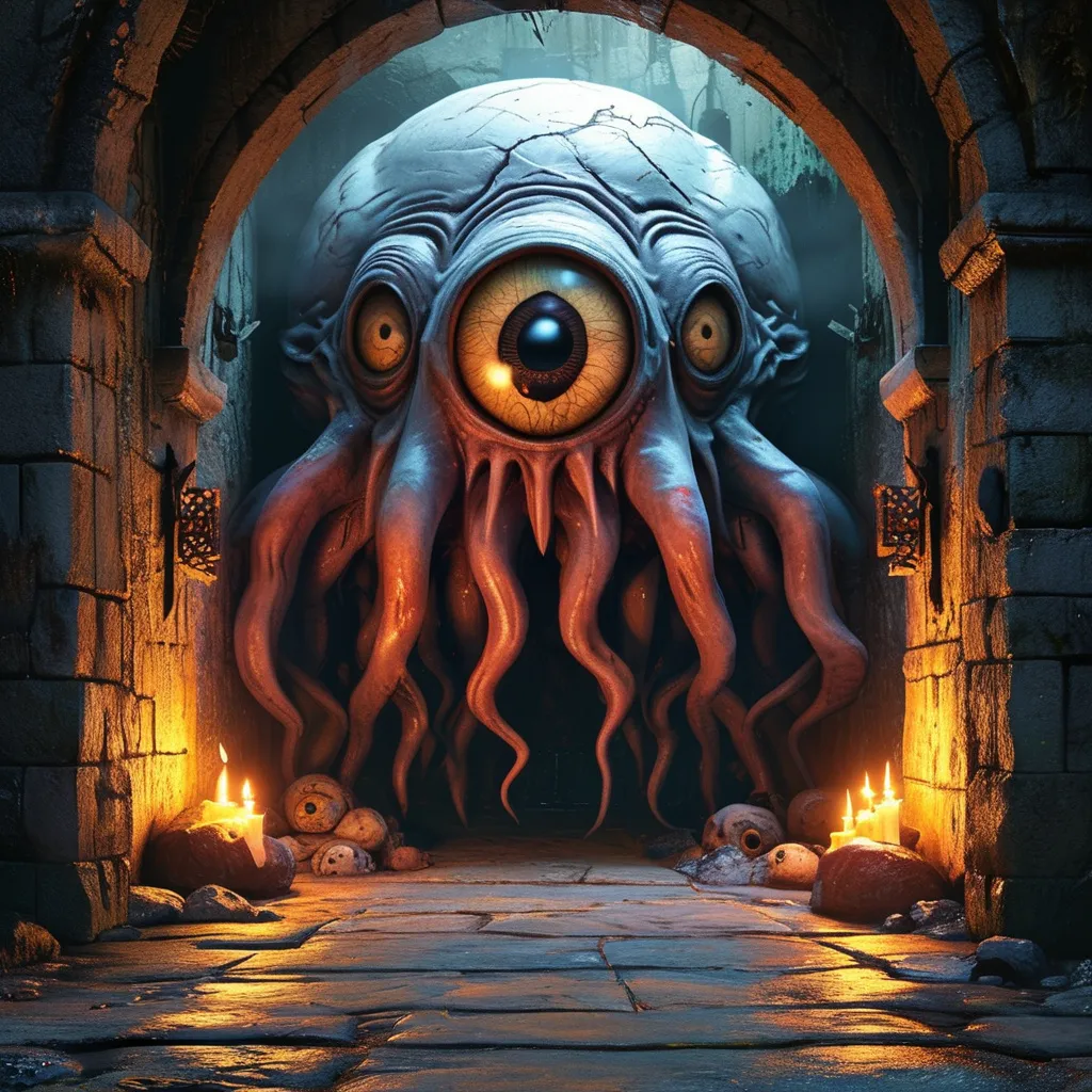 Prompt: (DnD beholder), (lots of smaller eys), (one big centre eye), dark dungeon setting, stone walls, eerie shadows, flickering torchlight casting ominous glows, high detail, dramatic lighting, atmospheric depth, (4K), intense and foreboding ambiance, mysterious textures and elements, captivating fantasy scene.