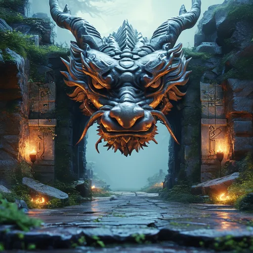 Prompt: (dragon statue mouth as a gateway), (magical portal), ethereal spells glowing, ancient ruins surrounded by mist, intricate glowing runes and glyphs illuminating the structure, mystical ambiance, deep blues and greens, warm highlights reflecting off stone, (highly detailed), evokes a sense of adventure and ancient mystery, enchanting atmosphere, (4K quality), cinematic depth.