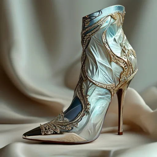 Prompt: (intricate crystal calf-high high heel boots), elegant design, new shapes,  lacquer style, reflecting light, strong flowing shapes, detailed craftsmanship, elegence, ultra-detailed, 4K resolution, exquisite visual composition,