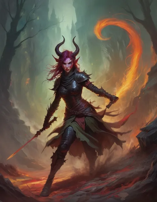 Prompt: Full body,(female DnD character: demon rogue), swirling through a battle, epic scene depicting a medieval fantasy confrontation, using a whip, vibrant colors, dramatic brushstrokes, (dynamic movement), stunning demonic face with evil smirk, horns and a devils tail, immersive background with a crumbling castle, lush forests, and swirling dust, oil painting style evokes a sense of adventure, detailed textures, captures incredible energy, awe-inspiring, ultra-detailed.