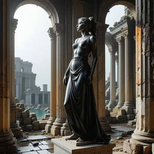 Prompt: realistc, Full female body, ((veiny white marble statue)) on a pedestal, gorgeous mistress, glossy veiny marble surface , veiny marble face, long leather medieval dress with body, dominant stance, looking over shoulder, set between ancient ruins, magical spells in the air