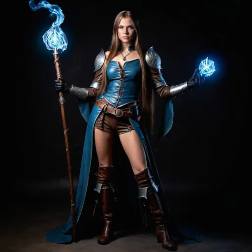 Prompt: gorgeous swedish woman in DnD character, full body, medieval fantasy, holding a glowing mages staff,  high-quality, leather boots, leather gloves, posing, straight hair, striking pose,  professional lighting, ultra-detailed, dignified stance,  professional lighting