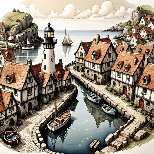 Prompt: highly detailed, Ink painting of a vintage fantasy DND quaint harbor village from above, line art, charming cobblestone streets, vantage view, antique color palette, delicate line work, high quality, detailed, DND, quaint village,  ink painting, Anton Pieck style, line art, charming streets, vintage colors, lighthouse, detailed features, sunny atmosphere