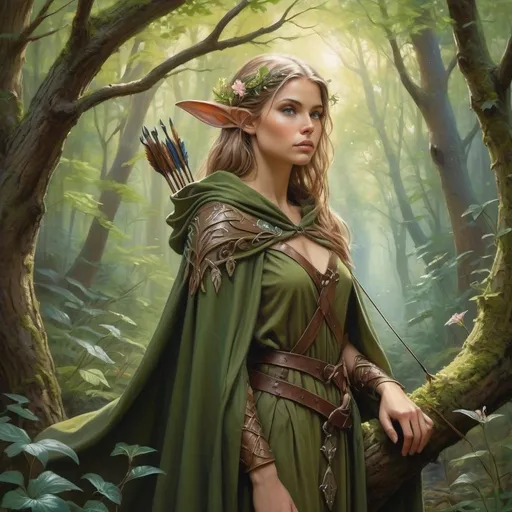 Prompt: Elfen archer in an oil painting, lush woodland setting with wood ambience, on a branch, cloak, detailed floral and fauna, mystical aura, high-quality, oil painting, fantasy, woodland, detailed elfen features, hunting ambience, mystical, Trees, highres, detailed artistry, serene lighting, detailed face, full body