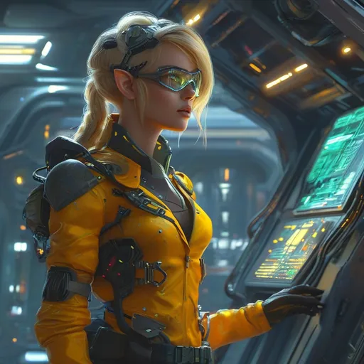 Prompt: Female elf engineer DND character, (high-tech futuristic space outfit), ready for busyness, (high tech suit), intricate details, tools at the ready, illuminated armor panels, sleek design, posture of confidence, (space station surroundings), spaceship and blinking control panels in the background, vibrant colors, contrasting shadows, immersive sci-fi ambiance, (4K ultra-detailed), dynamic energy.