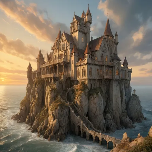 Prompt: photo realistic grand gothic castle on the ocean cliffs anton pieck style, golden sunset, detailed architecture, integrated in the cliffs, high quality, epic scene, gothic style, docks, spires and towers, dramatic lighting, cliffside setting, intricate details, smugglers route, waterfall atmospheric, sprawling mansion, sunlit ocean, moody atmosphere