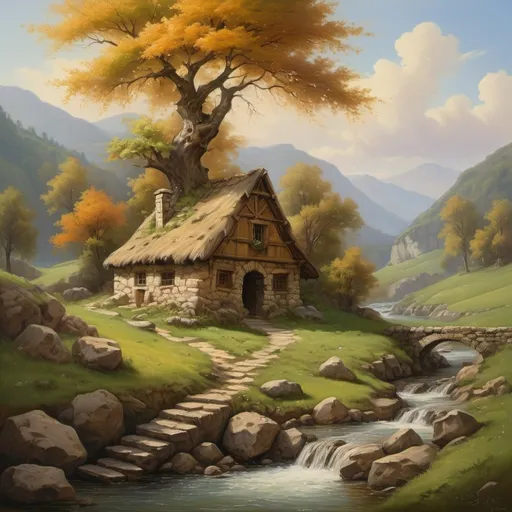 Prompt: (peaceful medieval hut), stone and wooden structure, nestled beneath large leafy tree branches, anton peick style oil painting, idyllic hilly flowing landscape, same lone trees surrounding, grand forest edge in the background, charming little stream with stones and gentle falls, vibrant sunny day with glowing golden clouds, (ultra-detailed), rich colors, dreamy atmosphere, inviting nature scene, tranquil and serene ambiance.