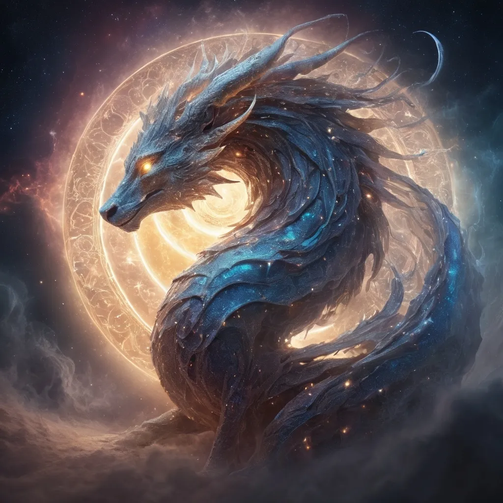 Prompt: (dragon as a celestial starsign), illuminating the universe, (ethereal glow), god-like creature, cosmic background, sparkling stars, mystical atmosphere, swirling galaxies, magical light trails, enchanting aura, (highly detailed), (4K quality), surreal interpretation, celestial fantasy, sense of wonder.