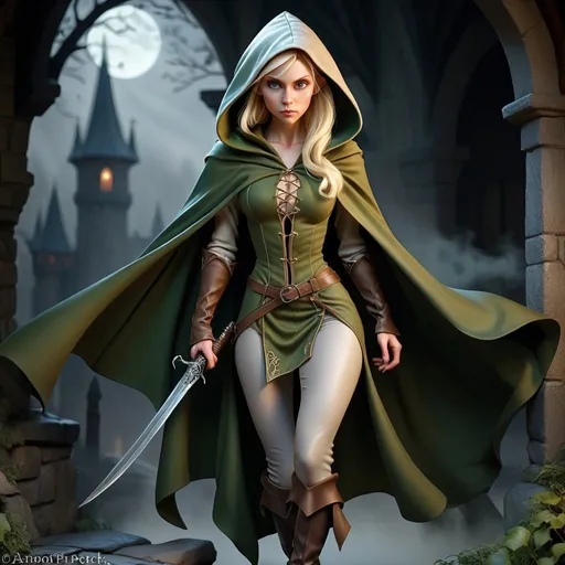 Prompt: Anton Pieck style, Hyperrealistic medieval fantasy of a stunningly beautiful blond female elf, assassin character, intent to kill,  in dark high value satin lined fabric and cloak, hooded, long full body outfit, detailed fabric paterns, high heel boots, active stance ready to strike, at night, intense shadows, detailed facial features, high quality, DnD character,  dark fabric and cloak, blonde hair, intense shadows, coming from the shadows, sweeping, mysterious,foggy , professional quality, holding a blade, leggings