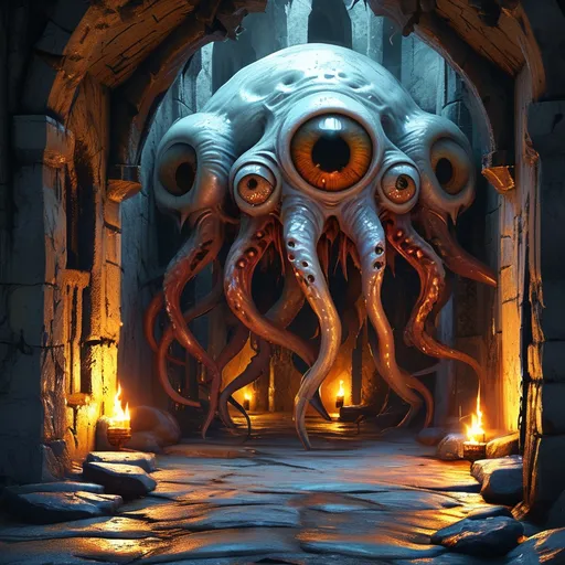 Prompt: (DnD beholder), (lots of smaller eys), (one big centre eye), dark dungeon setting, stone walls, eerie shadows, flickering torchlight casting ominous glows, high detail, dramatic lighting, atmospheric depth, (4K), intense and foreboding ambiance, mysterious textures and elements, captivating fantasy scene.