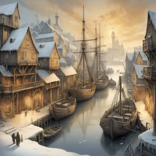 Prompt: (medieval fantasy harbor in winter), (pencil drawing), detailed ships docked at a snowy and ice-covered shipyard, intricate Anton Pieck elements, golden clouds casting a warm glow over the scene, soft shadows, picturesque winter ambiance, whimsical atmosphere, high depth, ultra-detailed, enchanting scenery, evoking nostalgia and magic.