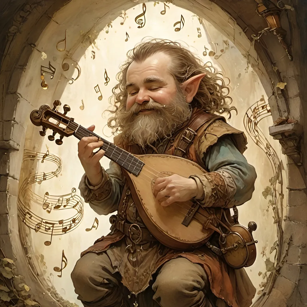 Prompt: DnD dwarf bard playing instrument, magical musical notes streaming in the air, Anton Pieck style painting, vintage warm tones, intricate details, whimsical fantasy, medieval, high quality, oil painting, good hair, charming, enchanting, intricate details, cozy lighting