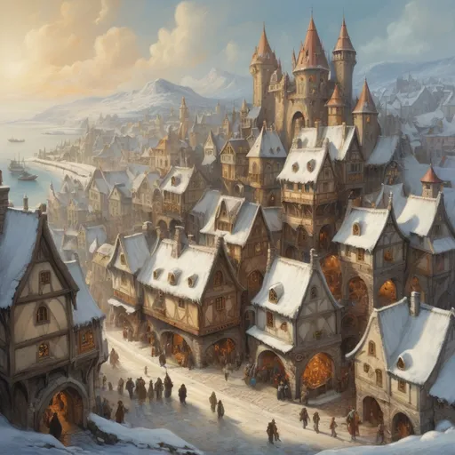 Prompt: Oil painting of an (medieval fantasy town in winter), inspired by Anton Pieck style, (rich in detail), charming houses with intricately designed facades, towers and castles, barroc palaces, snow-covered rooftops, bustling market crowded with lively characters, magical spells in the air,  on the coast with ships in the ice,  warm sun beams breaking through soft winter clouds, creating a serene and magical ambiance, mountains in the background, ( vibrant colors) for a captivating and nostalgic scene.