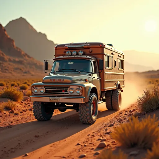 Prompt: (vintage truck transformed into a cozy motorhome), steering front wheels, large rugged wheels, adventurous off-road setting, (smooth, rounded curves), sun-drenched landscape, dramatic shadows across the ground, rich earth tones, high quality 4K, ultra-detailed textures, warm and inviting ambiance, perfect for exploration and travel.