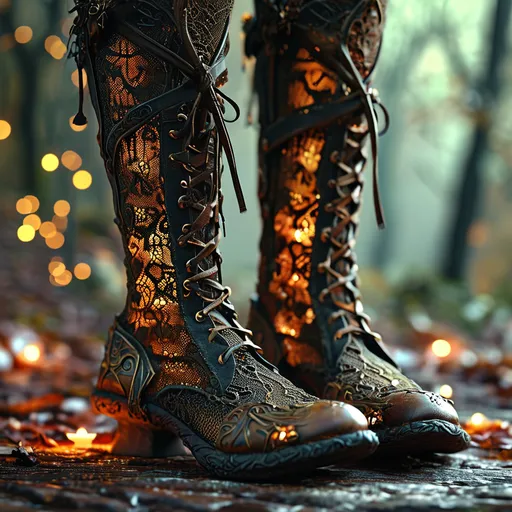 Prompt: stand alone, (leaf pattern mesh lace boots), stylish medieval fantasy, (enchanted boots), magical illumination, intricate detailing, ethereal glow, backgrounds of mystical forests, warm jewel tones, soft lighting effects, whimsical ambiance, high-quality 4K resolution, ultra-detailed texture, fantastical elegance.