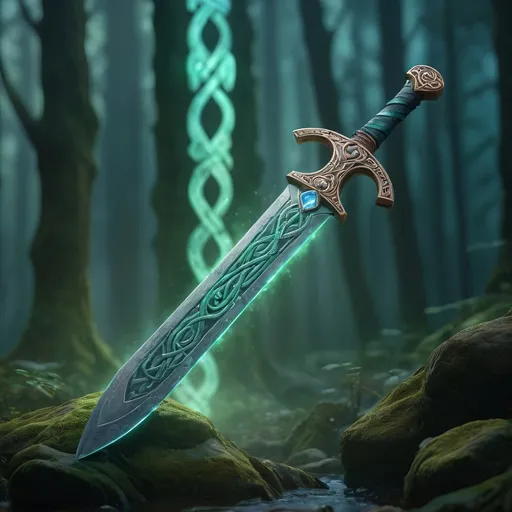 Prompt: (Enchanted blade floating in the air, illuminating celtic runes), glowing ethereal light, mystical ambiance, deep emerald and sapphire hues, high contrast, intricate details, misty background, magical aura, shadows swirling, high depth, cinematic masterpiece, ultra-detailed, atmospheric magic, 4K quality, epic fantasy setting.