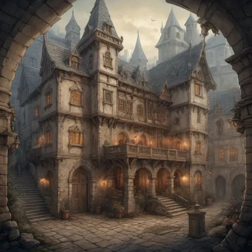 Prompt: Anton Pieck style illustration of an imposing DnD style fantasy fighters guildhouse with battlements, singular building, one main entrance, archery targets, courtyard, birds eye view, vintage paper texture, intricate line work, high detail, mystical atmosphere, warm and nostalgic tones, soft lighting, high quality, warm window lighting, romantic