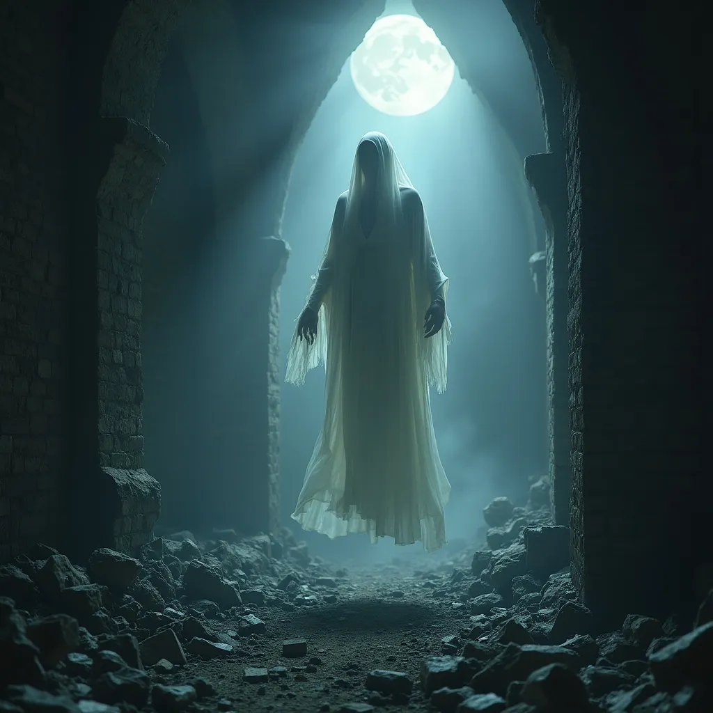 Prompt: (spooky ghost), floating in ancient ruins, (medieval fantasy setting), ethereal and translucent spectre, eerie atmosphere, dimly lit environment with rays of moonlight filtering through debris, mystical shadows, high detail, enchanting yet somber ambiance, (delicate wisps of mist), profound depth, captivating visual narrative.