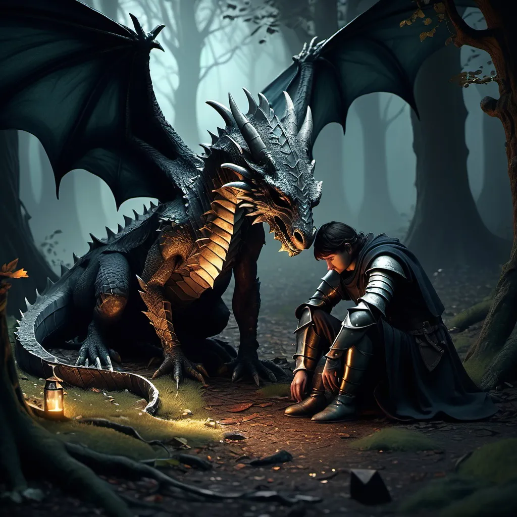 Prompt: *(tiny dragon comforting a fallen knight)*, dark woods, eerie atmosphere, (dreadful lighting), (magical broken sword) emitting a soft glow, mystic shadows dancing on the ground, medieval fantasy, magical spells, shadows, enchanting yet haunting scenery, rich details in bark and foliage, (4K), overall vibe of sadness intertwined with a touch of magic, emotionally resonant and dramatic.