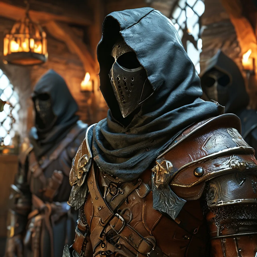 Prompt: highly realistic, (cloaked hooded and masked dark figure), set in a (medieval fantasy tavern), atmospheric (shadowy ambiance), detailed leather armor, rich (wooden furnishings), mysterious (muffled conversations), detailed textures, (highly detailed), (captivating mood), evoking intrigue and suspense, immersive environment, (4K).