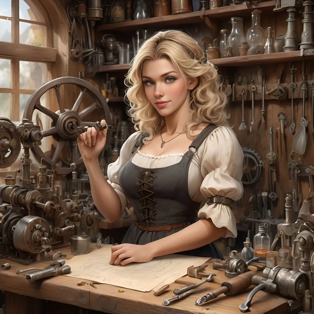 Prompt: (beautifull but timid blond black female tinkerer character), imperial fantasy, anton pieck style, hyper realistic digital art, intricate mechanical sketches, workshop, wooden work bench, pretty face, mechanical tools, intricately detailed, cozy atmosphere, cluttered yet organized, vintage decor, enchanted machinery, richly textured, high-quality 4K, ultra-detailed illustration, storytelling elements, medieval alchemy tools, captivating setting, expertly crafted handles and gears, rustic wooden shelves in the background, smoke tendrils.