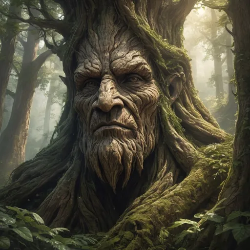 Prompt: Tree ent emerging from the forest, mountainous region, dense foliage, rugged bark texture, mystical atmosphere, high quality, realistic, fantasy, earthy tones, dappled sunlight, majestic presence, towering figure, ancient guardian, detailed foliage, atmospheric lighting, nature, fantasy art