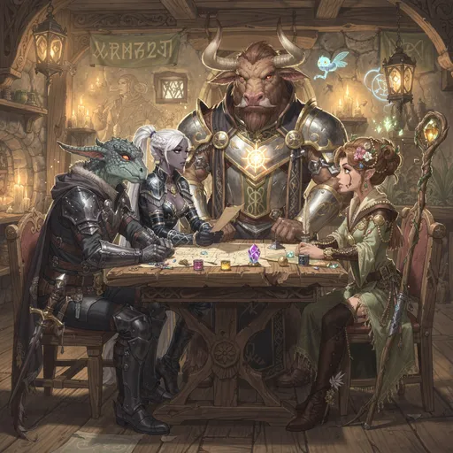 Prompt: Envision a digital sketch with a  realistic serious looking aspect, capturing a medieval fantasy group of adventureres adorned in intricate clothing of their profession. Haut couture fashion ideas blending seamlessly with the practicality of adventuring gear. showing the many attributes and stylishness for the contemporary adevnturer. The design features a practical but stylish  outfit. styled to impress.  The whole picture is situated in a fantsay styled inn with many wooden and magical elements. the group consists of a male kobold rogue, a female dark elf archer, a male minotaur paladin and a female gnome druid. sitting at a table discussing their plans. To enhance the atmosphere, the style leans towards vibrant, painterly textures, reminiscent of classic fantasy illustrations.