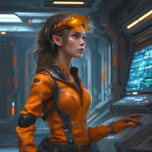 Prompt: Female elf engineer DND character, (high-tech futuristic space outfit), ready for busyness, (high tech suit), intricate details, tools at the ready, illuminated armor panels, sleek design, posture of confidence, (space station surroundings), spaceship and blinking control panels in the background, vibrant colors, contrasting shadows, immersive sci-fi ambiance, (4K ultra-detailed), dynamic energy.