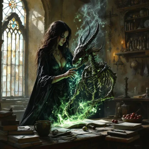 Prompt: in an ancient workshop brimming with dusty tomes and grim artifacts, a gorgeous and powerful female necromancer stands at the center, immersed in hard magical labor. The air is thick with the scent of burnt sage and the sun shines through a stained glas window, enhancing the magical atmosphere. Clad in midnight black leather robes that billow in an unseen wind, the necromancer focuses intently on the animal skeleton before her, bones intricately intertwined with dark runes. The body animated in the air.
Her expression reflects a blend of determination and dark curiosity, as wisps of eerie green energy pulse from her fingertips, animating the skeletal structure. In the background, arcane symbols float in the air, and the faint whisper of otherworldly voices echoes, creating an ambiance of both horror and beauty. This scene is captured in a dramatic oil painting style, rich in texture and depth.