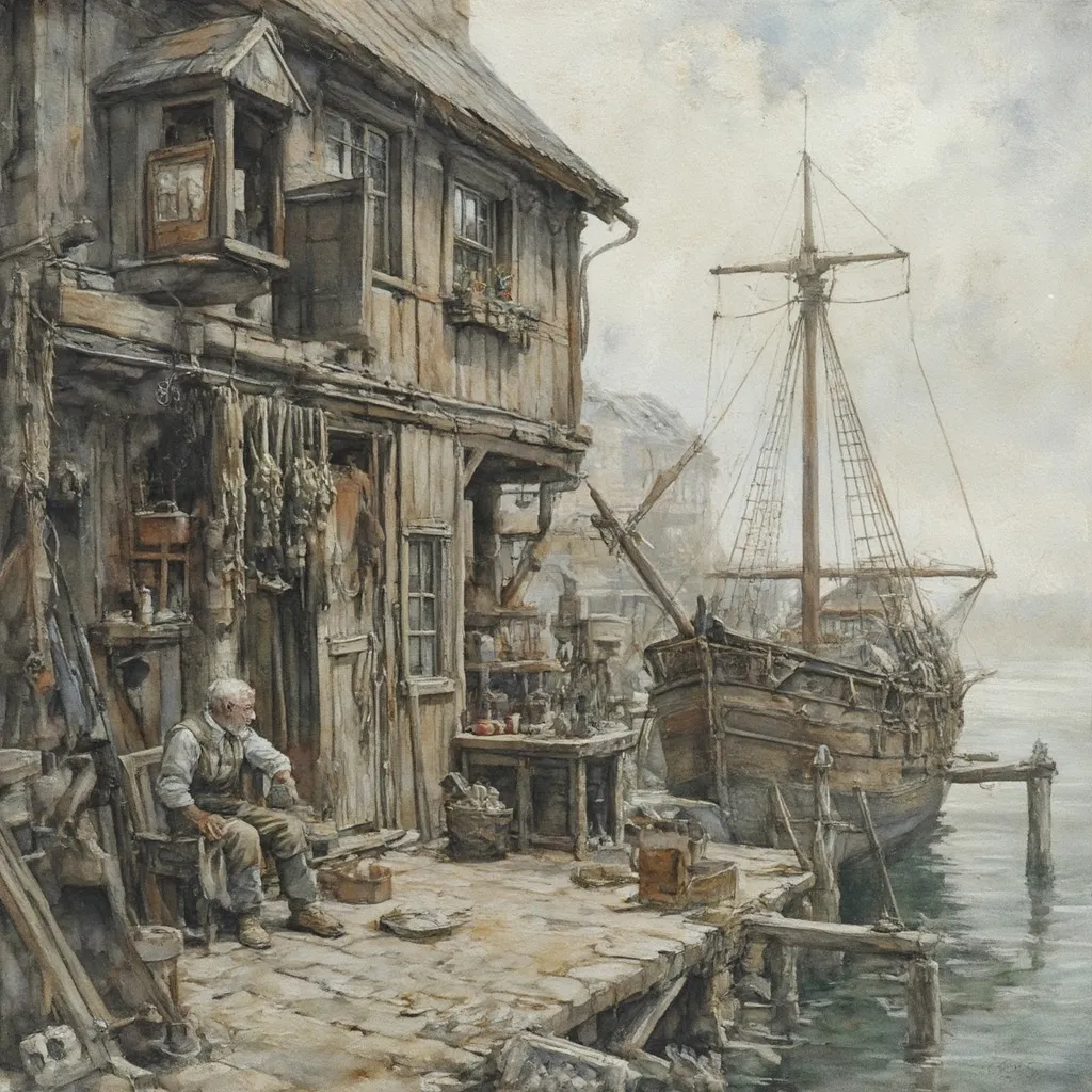 Prompt: (old man ship builder), (antique wooden wharf at the waters edge), (cranes and ropes) in intricate detail, medieval fantasy setting, watercolor painting anton pieck style, soft and muted colors, warm ambient lighting, filled with dust motes, nostalgic atmosphere, charming clutter, whimsical and dreamy quality, ultra-detailed, inviting vibe that captures the essence of craftsmanship and imagination.