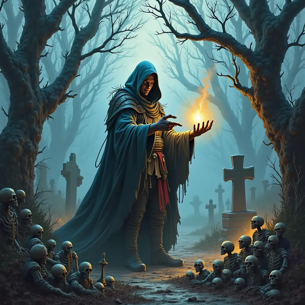 Prompt: (necromancer DnD Adventurer raising the dead), captivating (oil painting), in the style of Anton Pieck, set in a (gloomy) graveyard, undead and skeletons, detailed and haunting atmosphere, rich dark colors, twisting trees shrouded in mist, eerie grave markers, dramatic shadows, ultra-detailed, a hint of magical glow illuminating the necromancer's incantation, evoking a sense of dark enchantment.