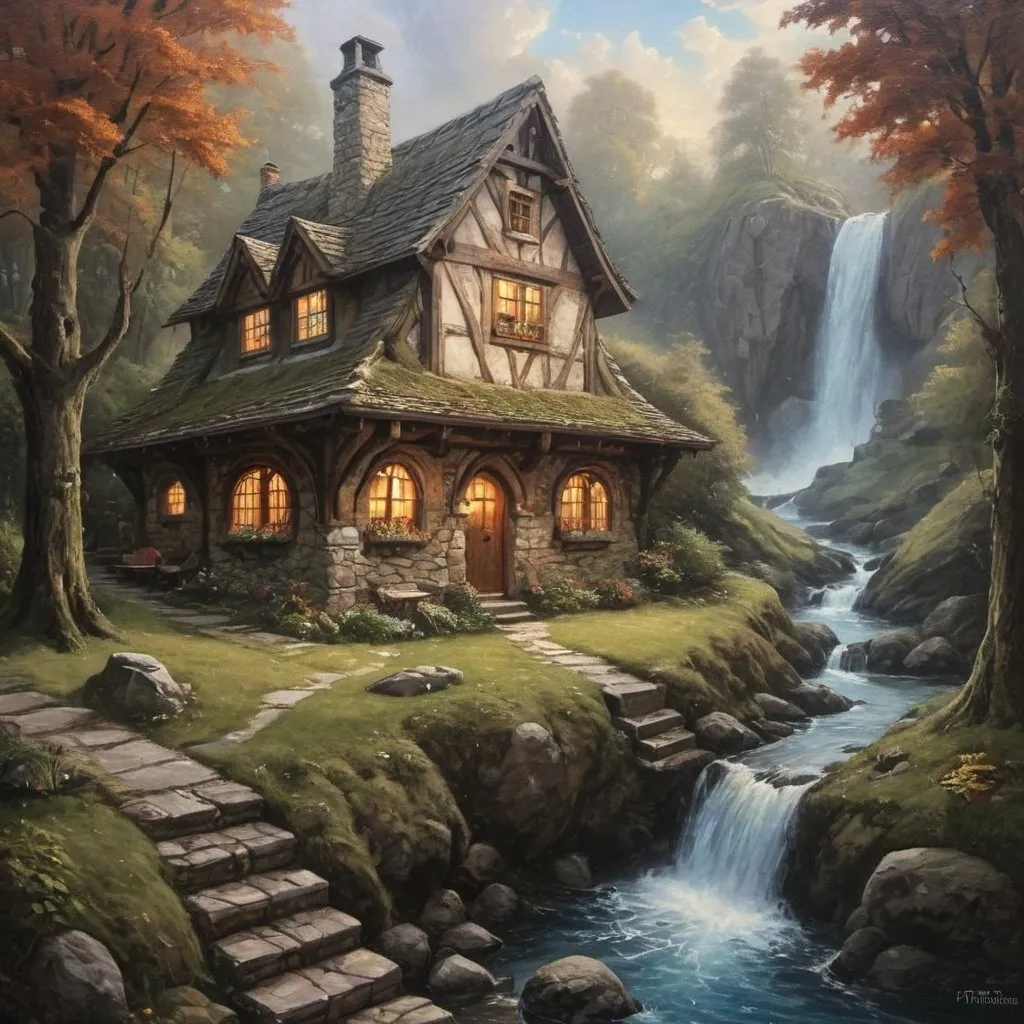 Prompt: DnD fantsay style oil painting of large modern woodbeam cottage with stone base and a lookout tower, magical atmosphere,  mysterious aura, mystical, enchanting, fantasy, surreal, enchanting aura, imaginative, whimsical, detailed shading, magical lighting, stream waterfall, lake, hunting cabbin