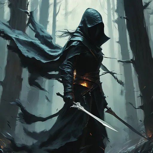 Prompt: shadow assassin DnD character, (swirling black smoke) enveloping a lithe figure, (daggers at the ready) poised for action, ambush in the woods, (medieval fantasy) atmosphere,  deep shadows, mysterious aura surrounding the character, high detail textures, creating tension and intrigue, dark tones, (4K resolution) for a captivating and immersive scene.