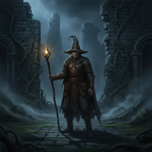 Prompt: Envision a dark night enveloping the crumbling ruins of an ancient castle, its stone walls overgrown with twisted vines and shadows lurking in every crevice.  In the center of the scene stands a lone mage, clad in worn leather armor, and  old bend mages hat. a blend of grit and determination etched on his face. His piercing gaze surveys the ominous surroundings, ready for the lurking dangers. The air is thick with an eerie mist, illuminated only by the mages staff, the tip illuminating shining with a hopefull light, long shadows that dance across the uneven cobblestone floor.This dark fantasy concept art captures the haunting essence of bravery against monstrous threats, infused with cinematic lighting that highlights the characters' tension and the foreboding landscape.